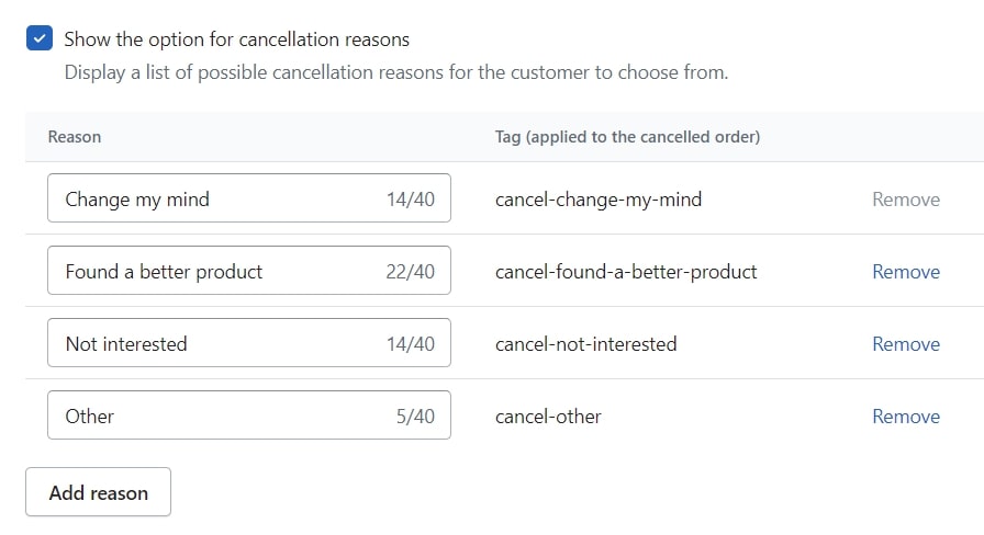 Adding cancellation reasons options