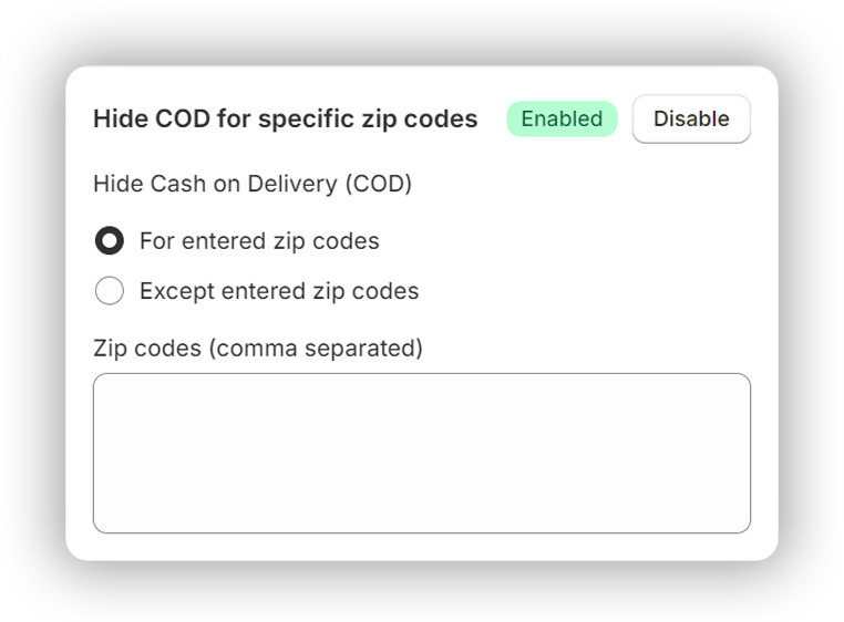 Limit COD for specific zip codes