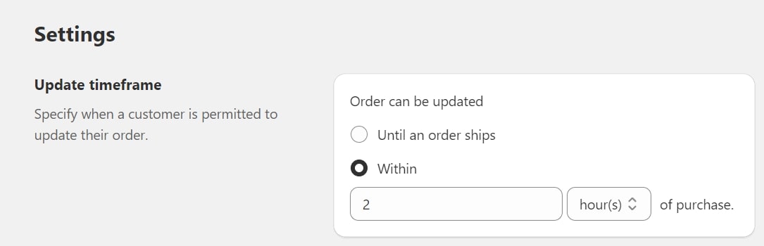 Setting timeframe to control how long customers can edit orders after purchase in Shopify