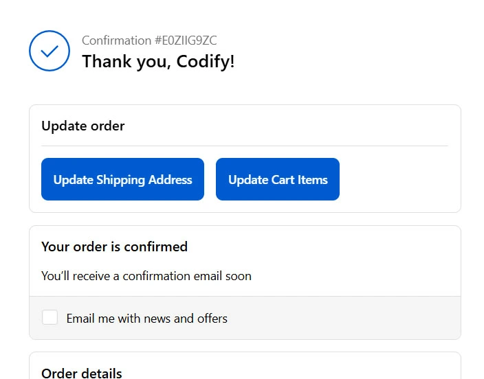Order editing widget displayed on Shopify Thank You page after checkout