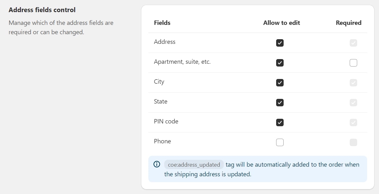 Configuring editable shipping address fields for customer order updates in Shopify