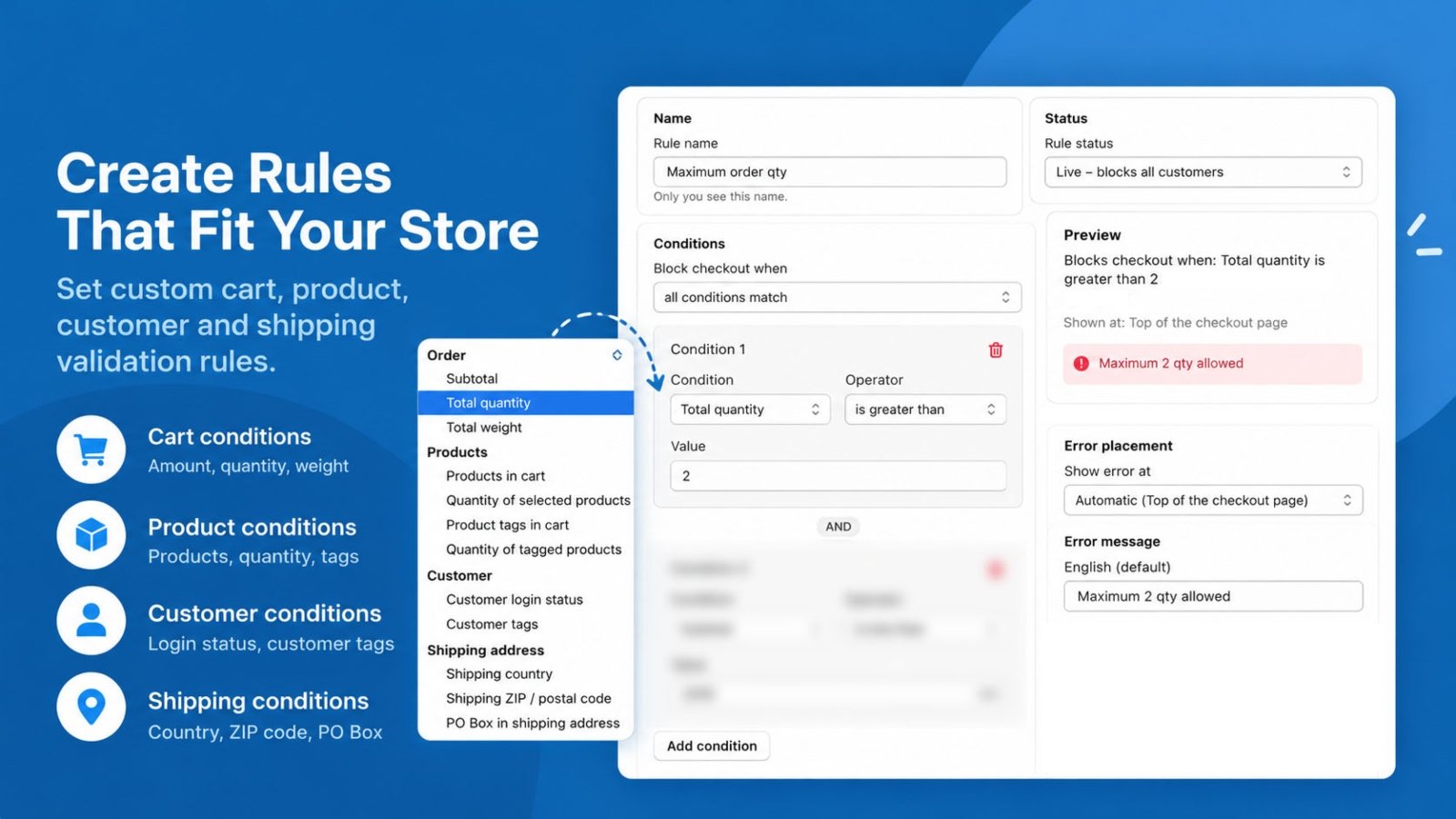 Shopify checkout validation app with custom cart and order rules