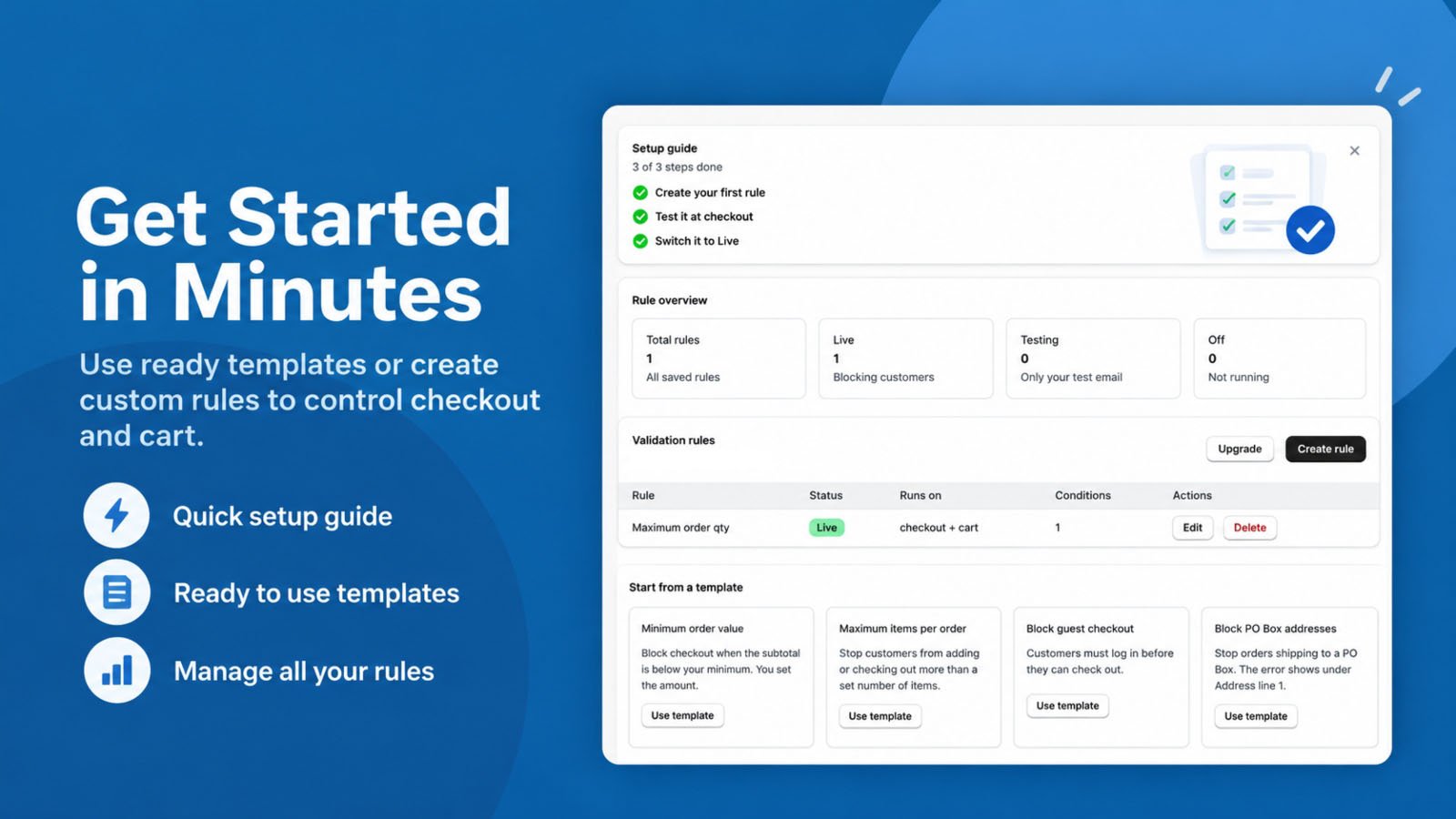 Cart limit rules dashboard with setup guide and rule templates