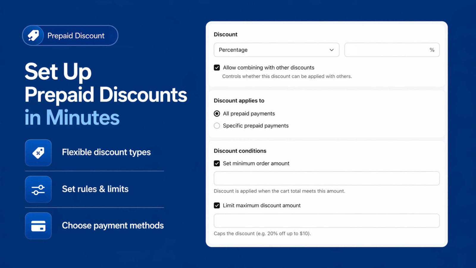 Create prepaid discount in Shopify with percentage or fixed value and payment method selection settings